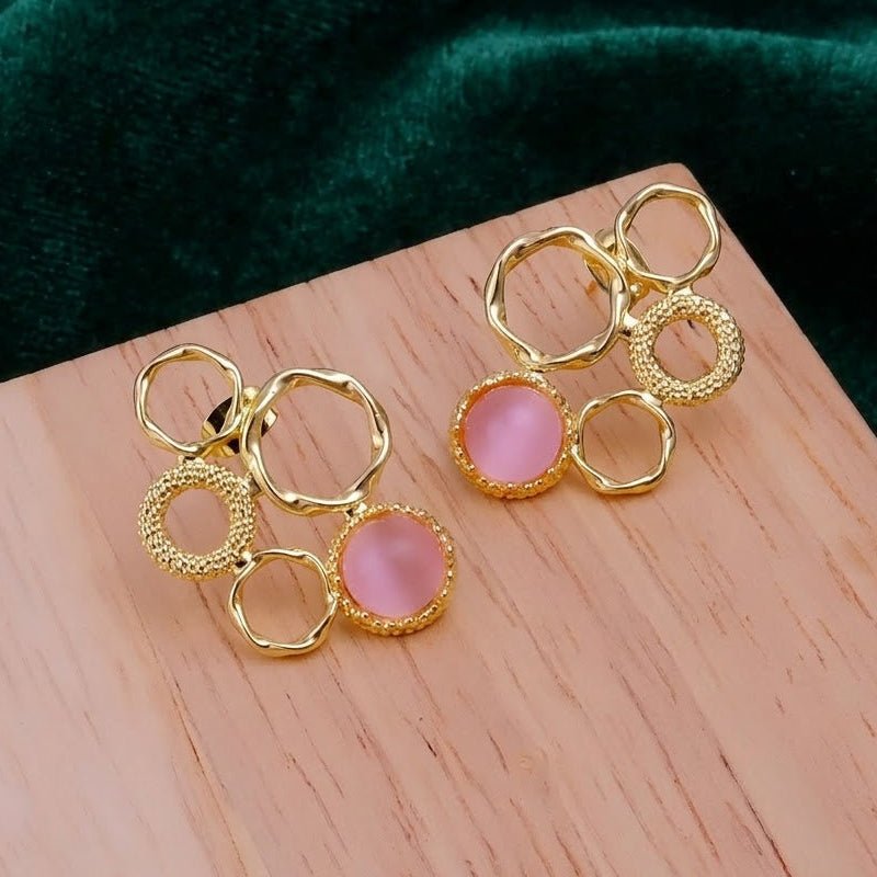 Pink Cat's Eye Gemstone Gold Plated Circle Studs, Modern Artisan Speckled Studs CE - 1017