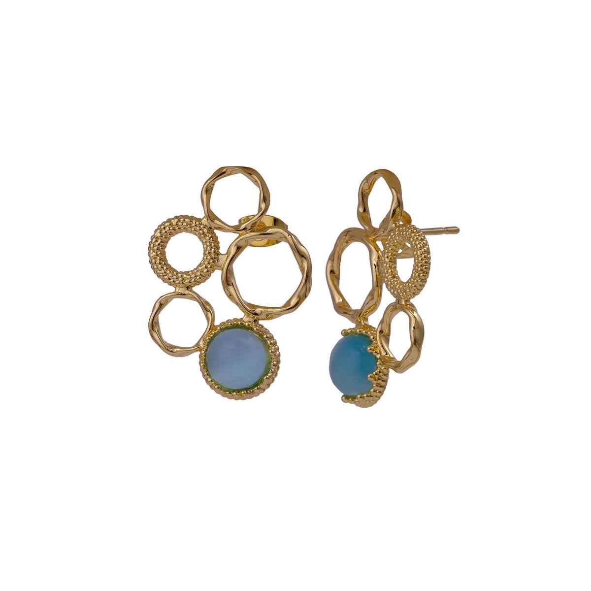 Pink Cat's Eye Gemstone Gold Plated Circle Studs, Modern Artisan Speckled Studs CE - 1017