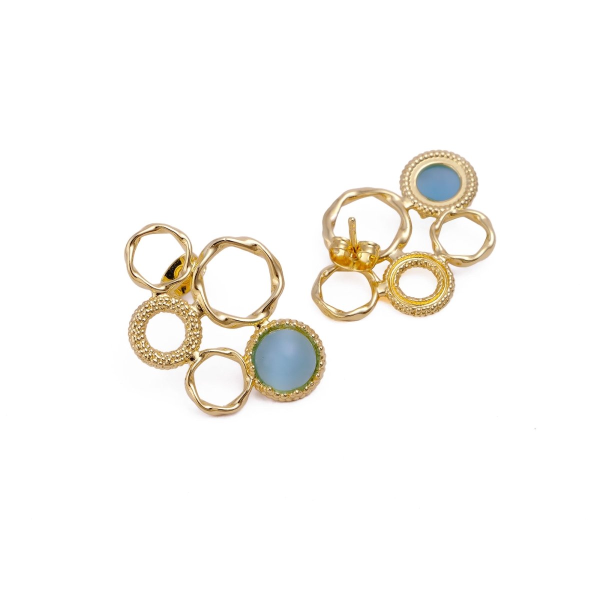 Pink Cat's Eye Gemstone Gold Plated Circle Studs, Modern Artisan Speckled Studs CE - 1017