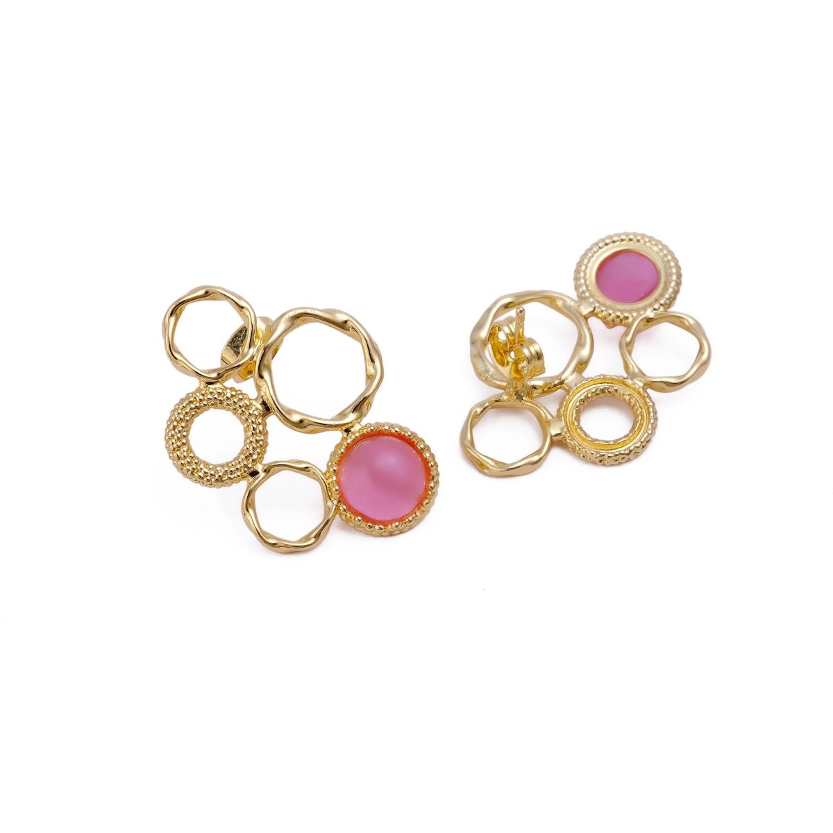 Pink Cat's Eye Gemstone Gold Plated Circle Studs, Modern Artisan Speckled Studs CE - 1017