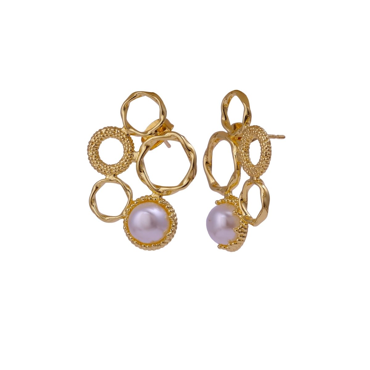 Pink Cat's Eye Gemstone Gold Plated Circle Studs, Modern Artisan Speckled Studs CE - 1017