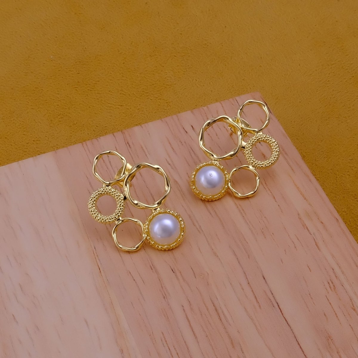 Pink Cat's Eye Gemstone Gold Plated Circle Studs, Modern Artisan Speckled Studs CE - 1017