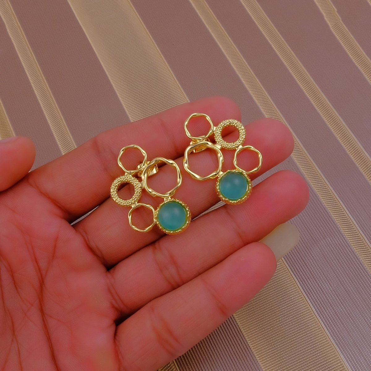 Pink Cat's Eye Gemstone Gold Plated Circle Studs, Modern Artisan Speckled Studs CE - 1017