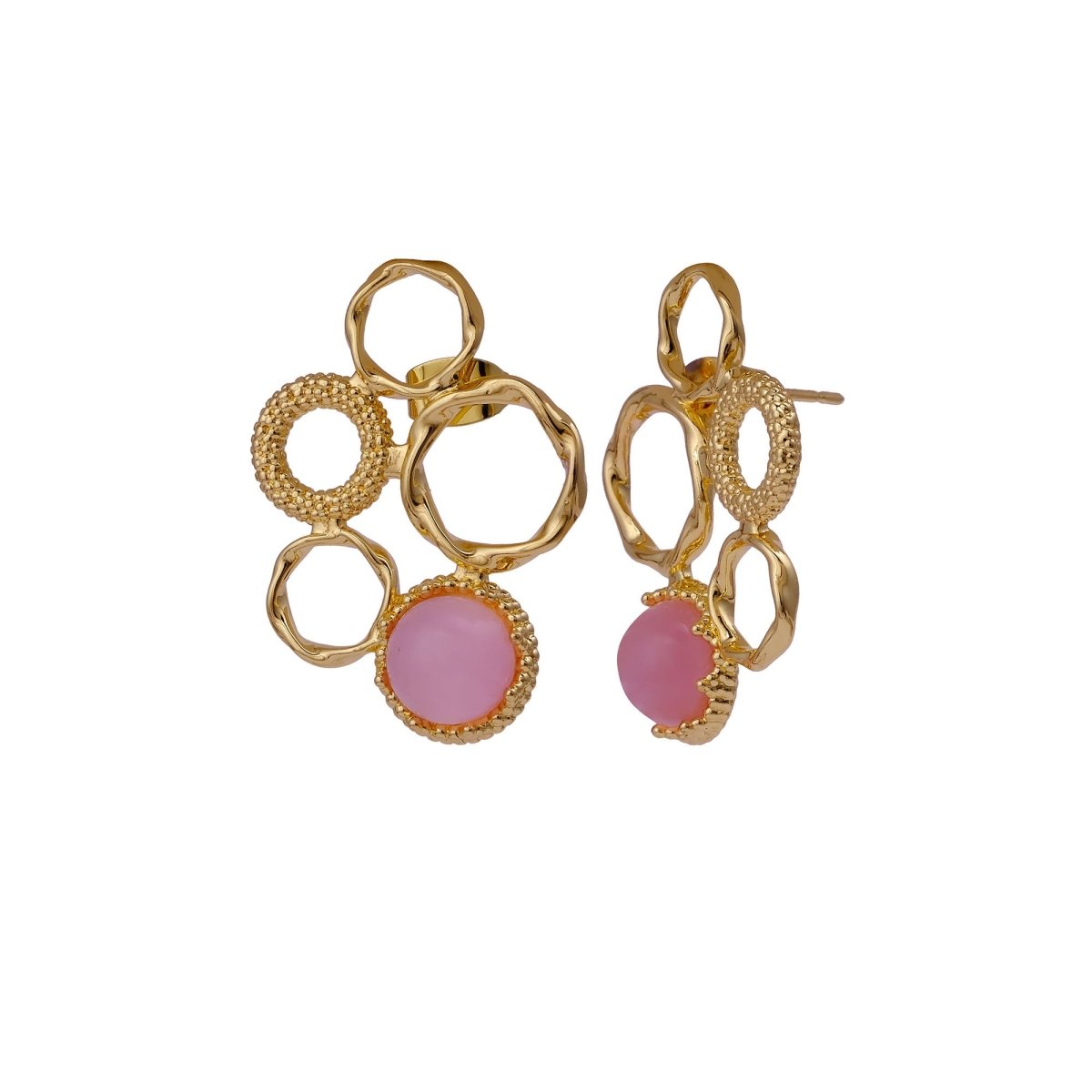 Pink Cat's Eye Gemstone Gold Plated Circle Studs, Modern Artisan Speckled Studs CE - 1017
