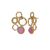 Pink Cat's Eye Gemstone Gold Plated Circle Studs, Modern Artisan Speckled Studs CE - 1017