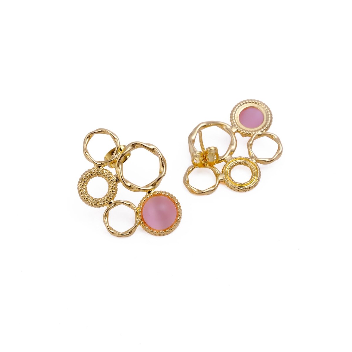 Pink Cat's Eye Gemstone Gold Plated Circle Studs, Modern Artisan Speckled Studs CE - 1017