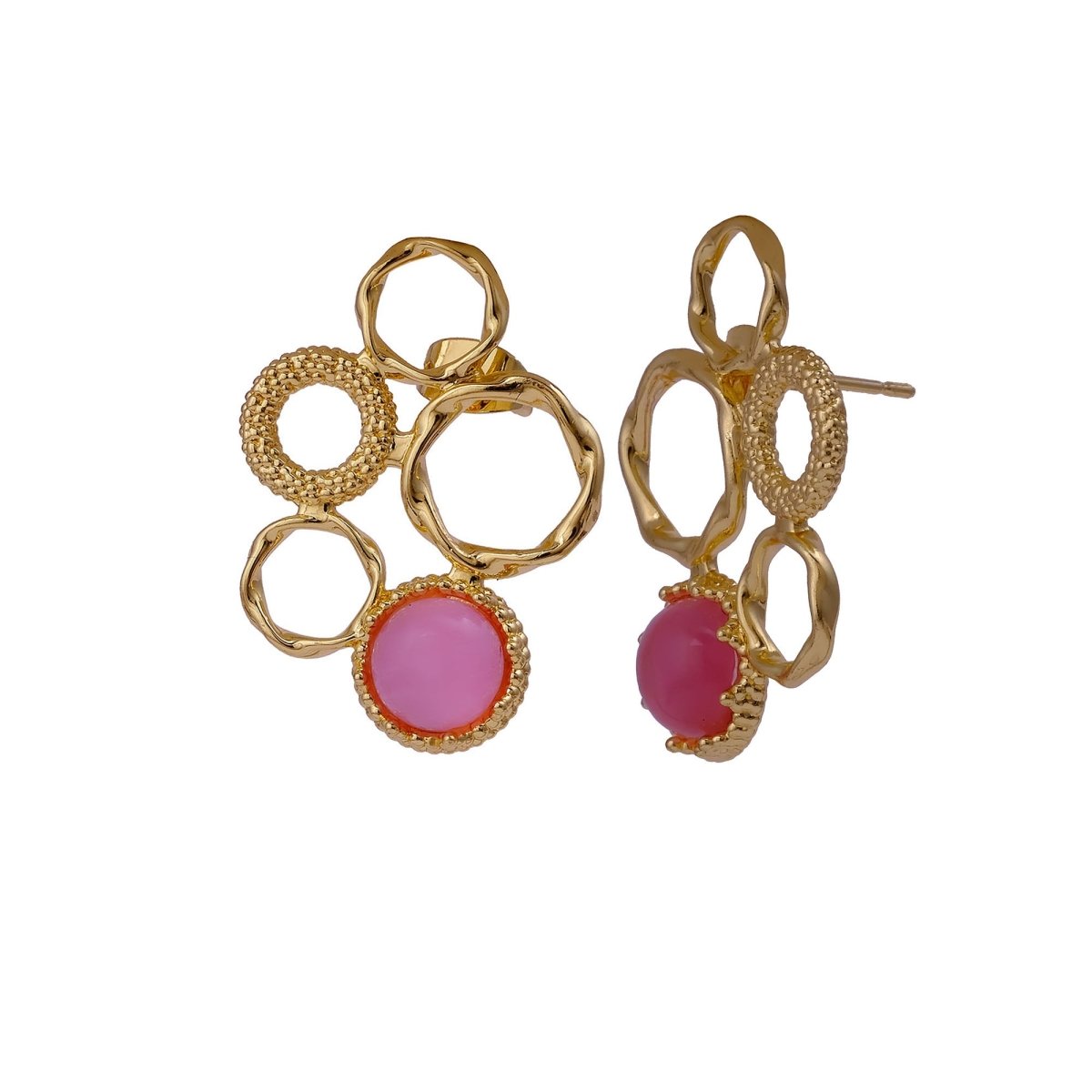 Pink Cat's Eye Gemstone Gold Plated Circle Studs, Modern Artisan Speckled Studs CE - 1017