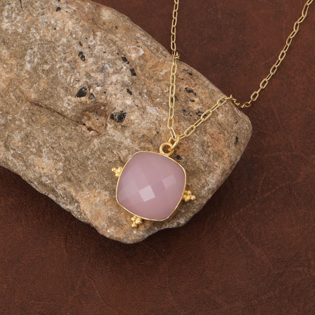 Pink Chalcedony Faceted Gemstone, Gold Plated Paper Clip Chain Necklace 5414