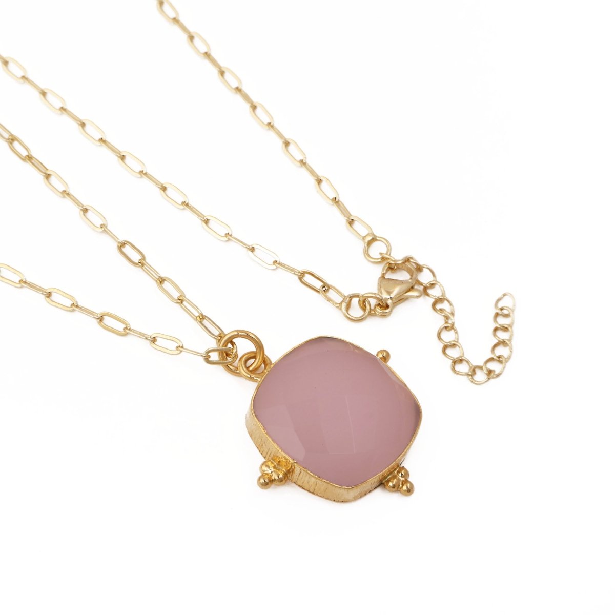 Pink Chalcedony Faceted Gemstone, Gold Plated Paper Clip Chain Necklace 5414