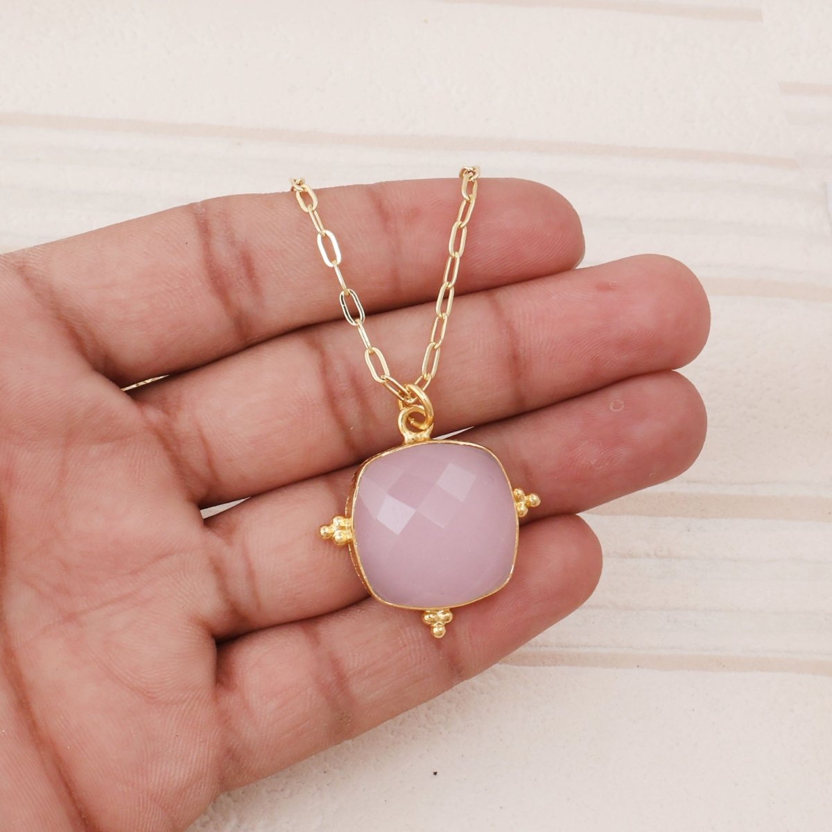 Pink Chalcedony Faceted Gemstone, Gold Plated Paper Clip Chain Necklace 5414