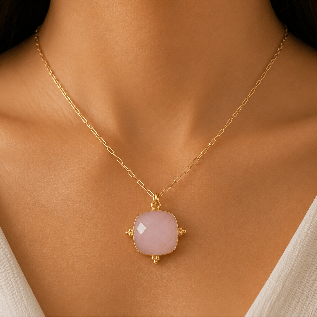 Pink Chalcedony Faceted Gemstone, Gold Plated Paper Clip Chain Necklace 5414
