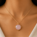 Pink Chalcedony Faceted Gemstone, Gold Plated Paper Clip Chain Necklace 5414