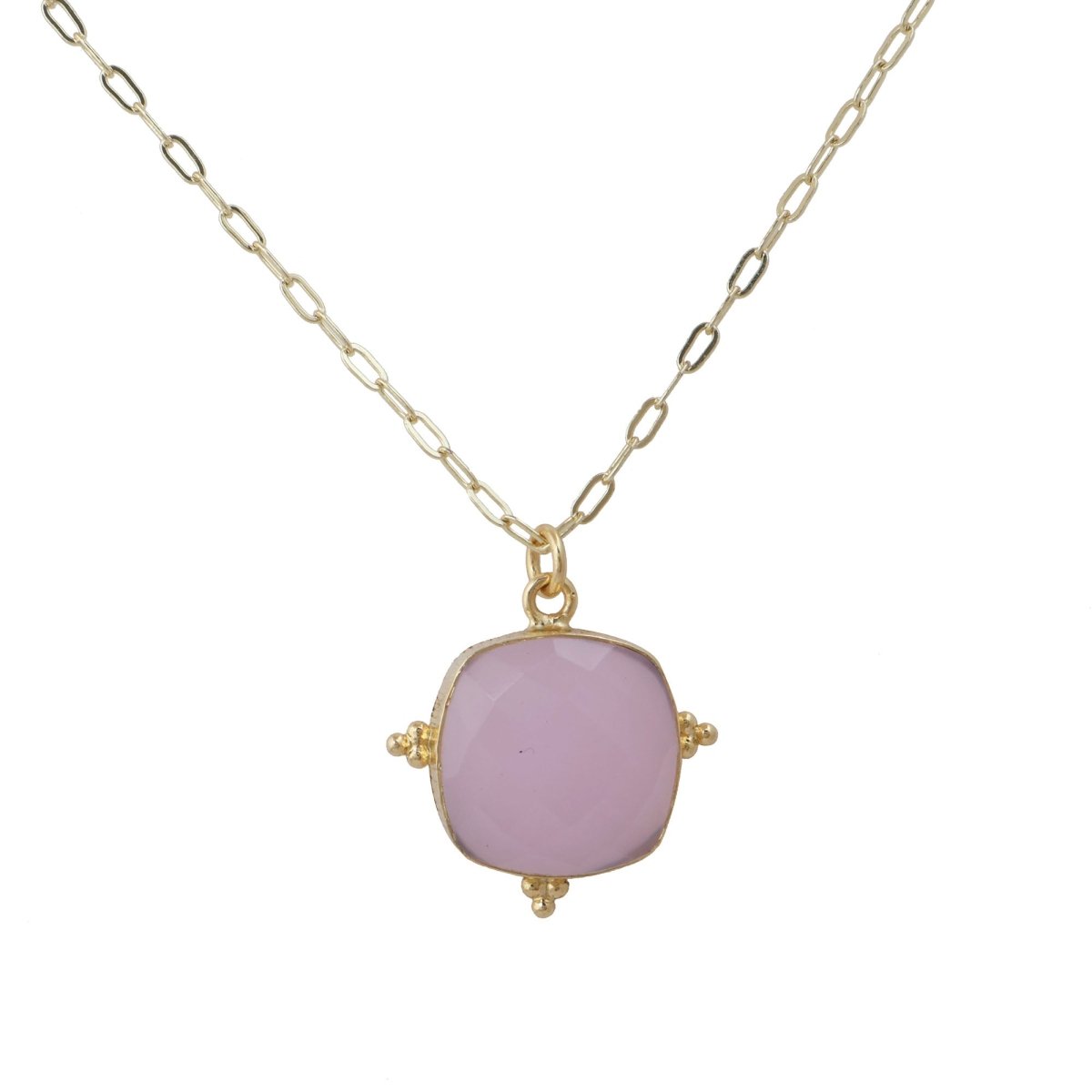 Pink Chalcedony Faceted Gemstone, Gold Plated Paper Clip Chain Necklace 5414
