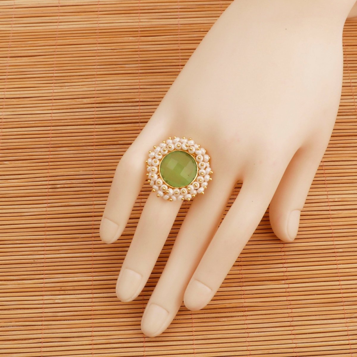 Pink Chalcedony Gemstone Ring with Pearl Beads, Gold Plated Adjustable Statement Ring Green Chaledony