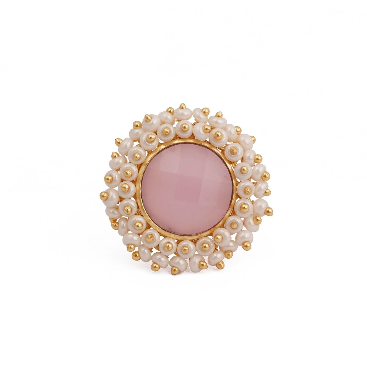 Pink Chalcedony Gemstone Ring with Pearl Beads, Gold Plated Adjustable Statement Ring