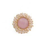 Pink Chalcedony Gemstone Ring with Pearl Beads, Gold Plated Adjustable Statement Ring