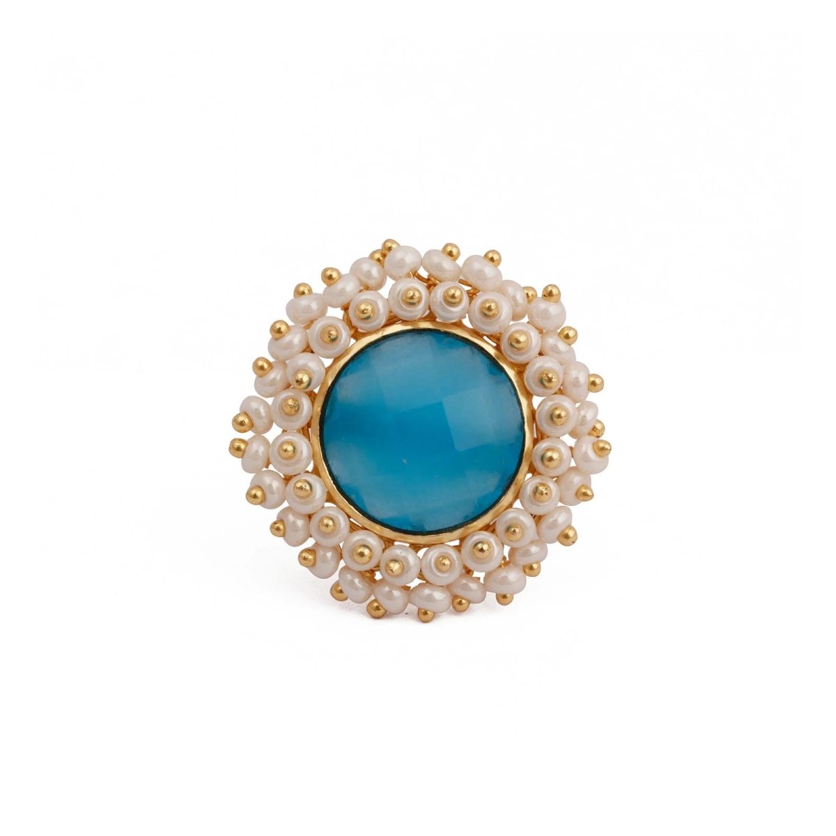 Pink Chalcedony Gemstone Ring with Pearl Beads, Gold Plated Adjustable Statement Ring