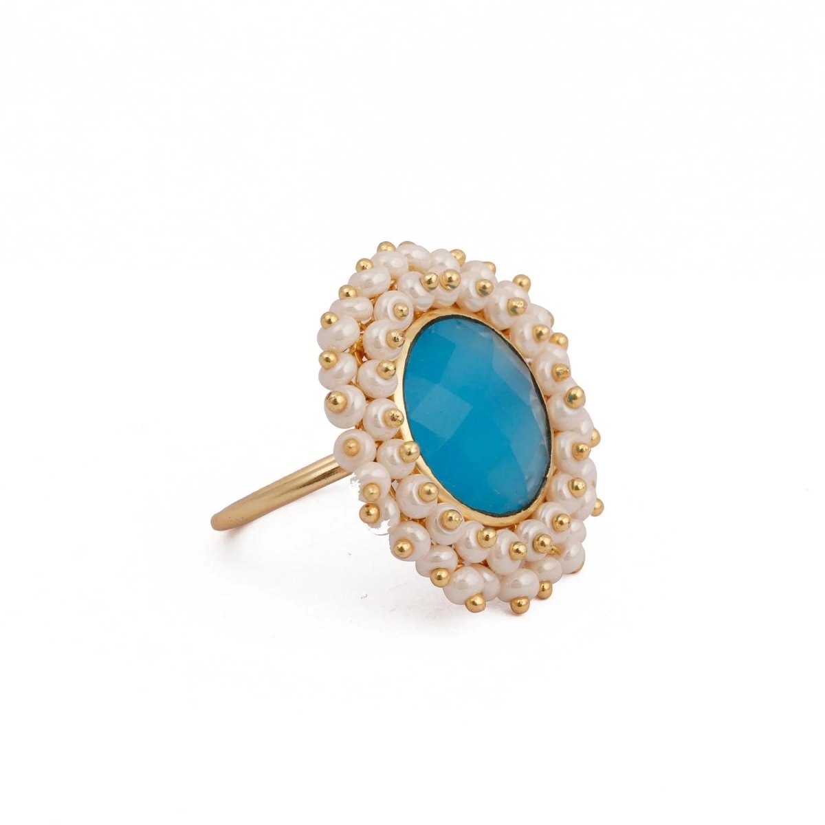 Pink Chalcedony Gemstone Ring with Pearl Beads, Gold Plated Adjustable Statement Ring