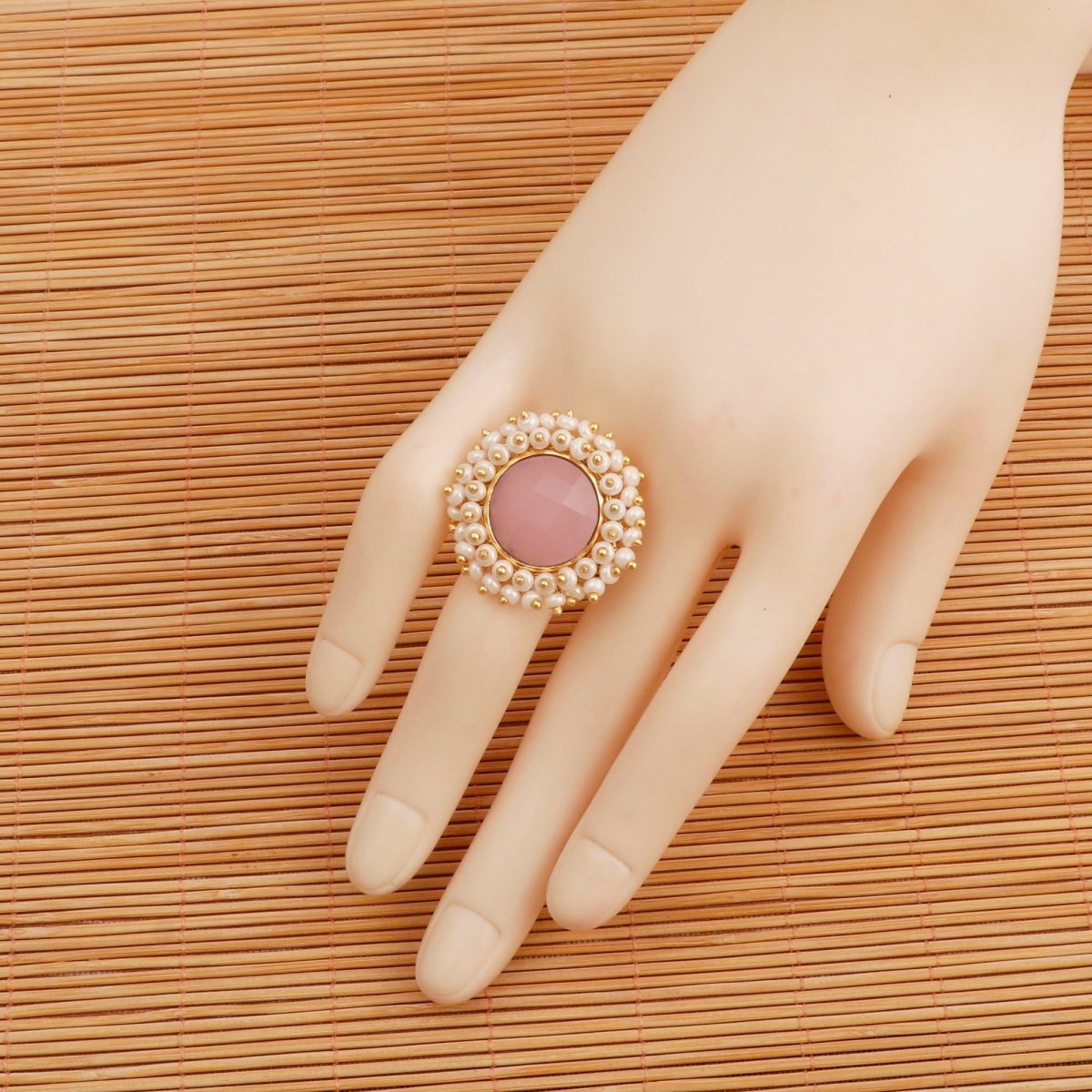 Pink Chalcedony Gemstone Ring with Pearl Beads, Gold Plated Adjustable Statement Ring Pink Chalcedony