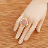 Pink Chalcedony Gemstone Ring with Pearl Beads, Gold Plated Adjustable Statement Ring Pink Chalcedony