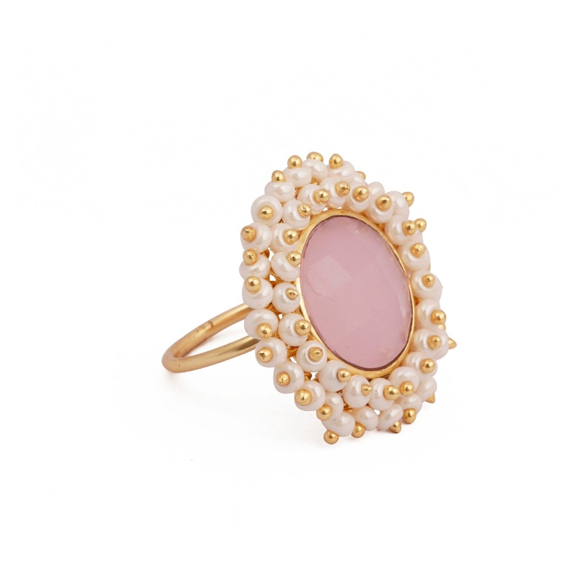 Pink Chalcedony Gemstone Ring with Pearl Beads, Gold Plated Adjustable Statement Ring