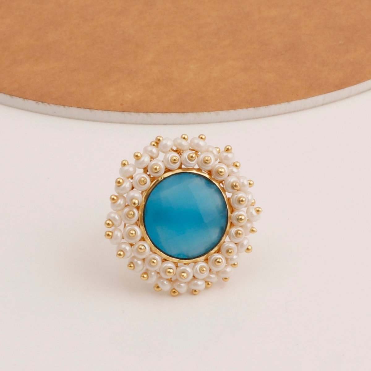 Pink Chalcedony Gemstone Ring with Pearl Beads, Gold Plated Adjustable Statement Ring