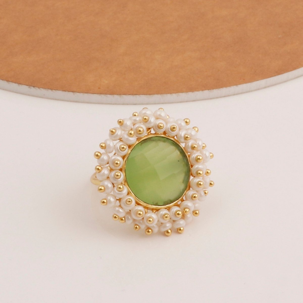 Pink Chalcedony Gemstone Ring with Pearl Beads, Gold Plated Adjustable Statement Ring