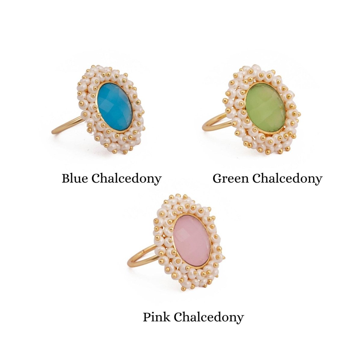 Pink Chalcedony Gemstone Ring with Pearl Beads, Gold Plated Adjustable Statement Ring