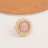 Pink Chalcedony Gemstone Ring with Pearl Beads, Gold Plated Adjustable Statement Ring
