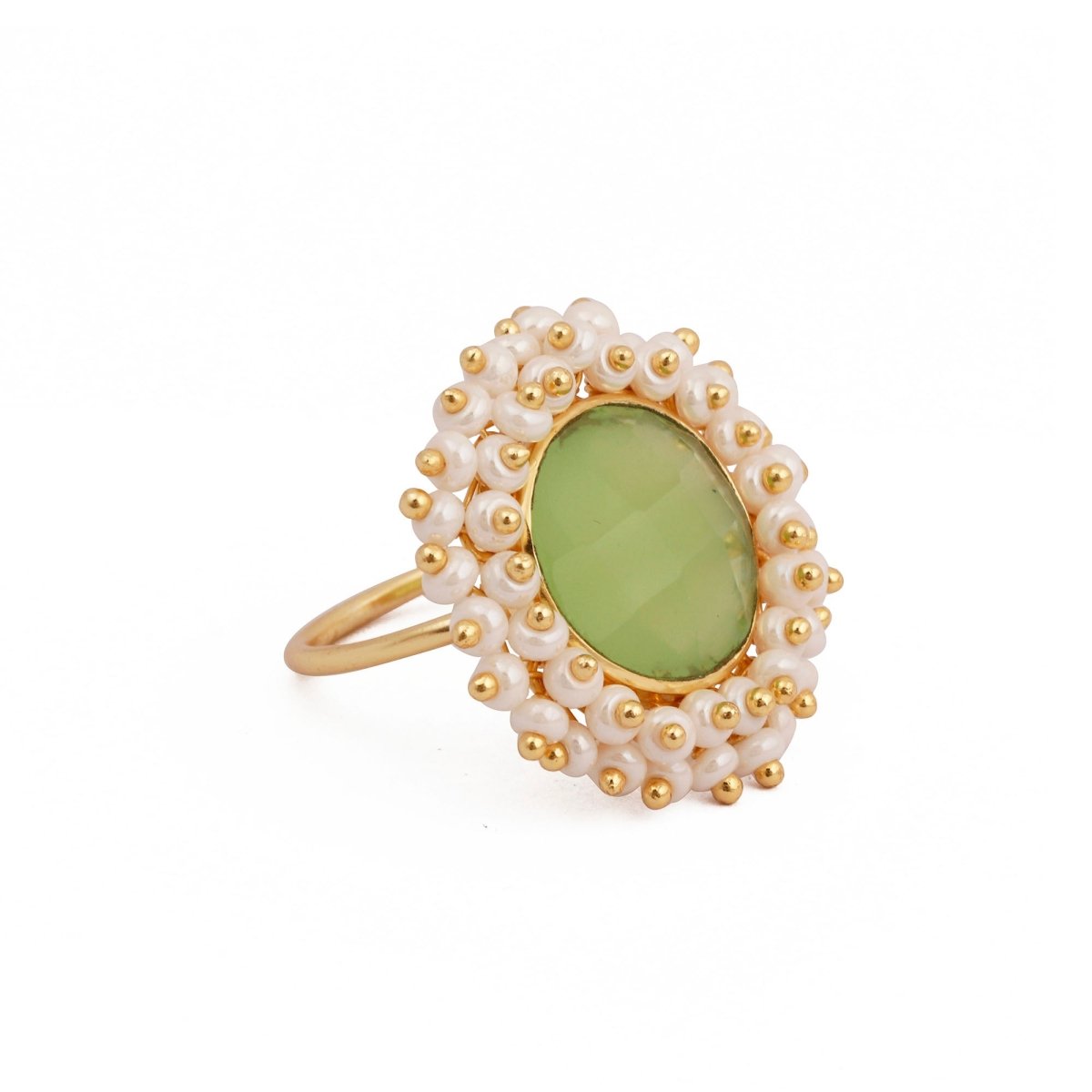 Pink Chalcedony Gemstone Ring with Pearl Beads, Gold Plated Adjustable Statement Ring