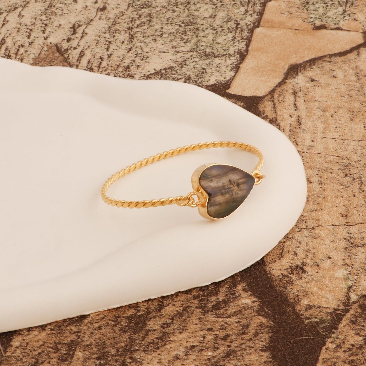 Pink Chalcedony Heart Gemstone Bangle, Minimalist Twisted Brass Jewelry 5050