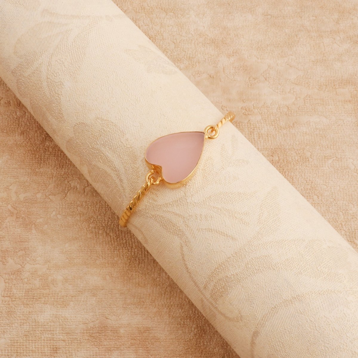 Pink Chalcedony Heart Gemstone Bangle, Minimalist Twisted Brass Jewelry 5050