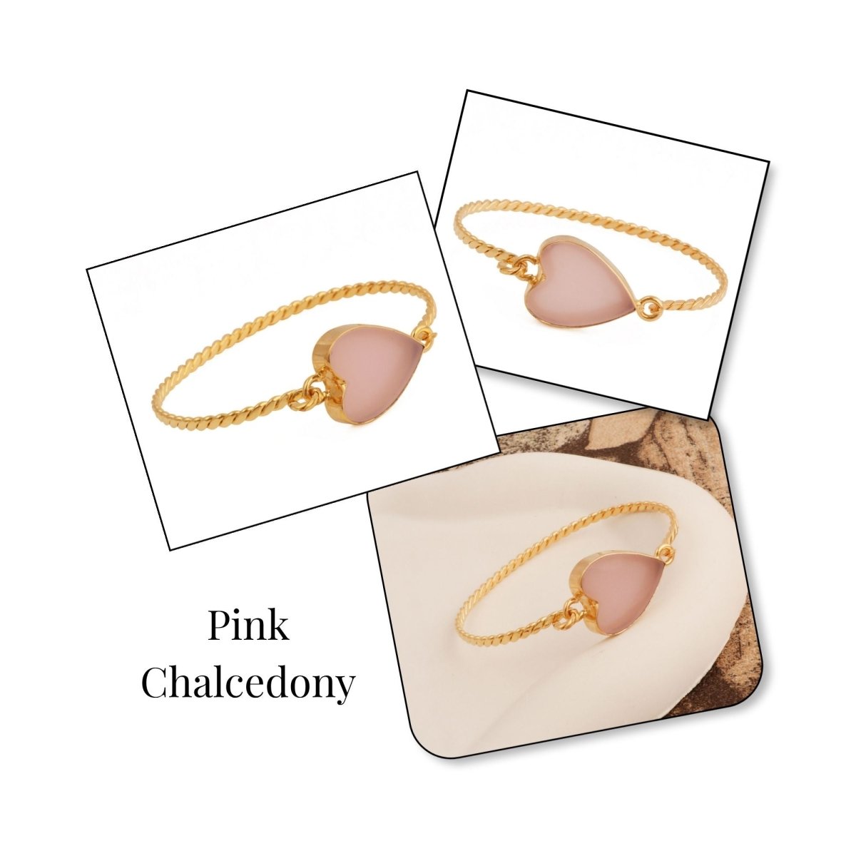 Pink Chalcedony Heart Gemstone Bangle, Minimalist Twisted Brass Jewelry 5050