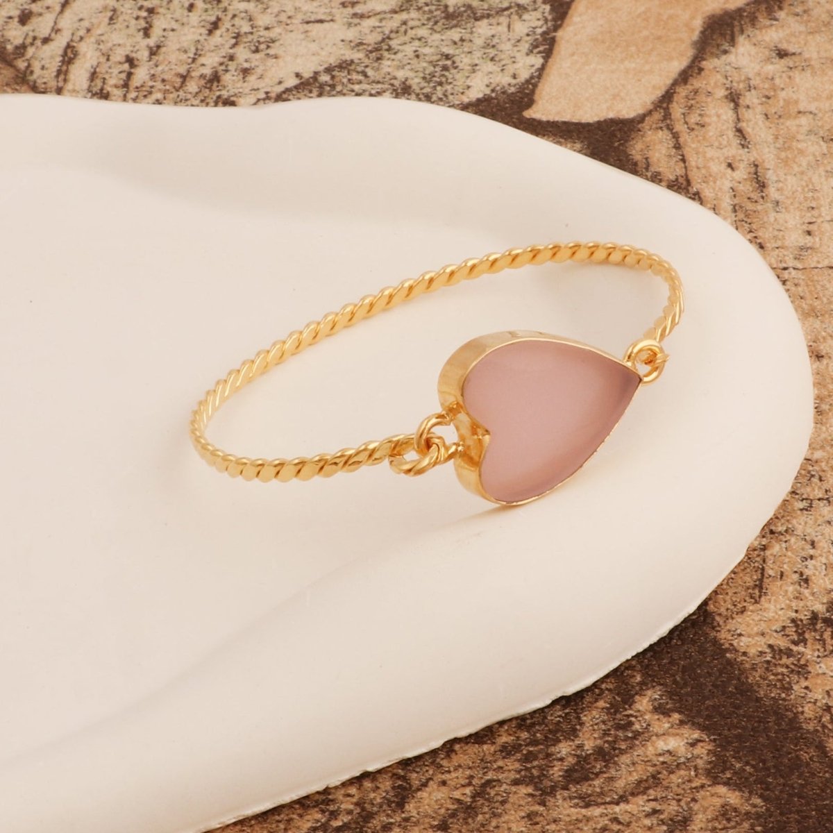 Pink Chalcedony Heart Gemstone Bangle, Minimalist Twisted Brass Jewelry 5050