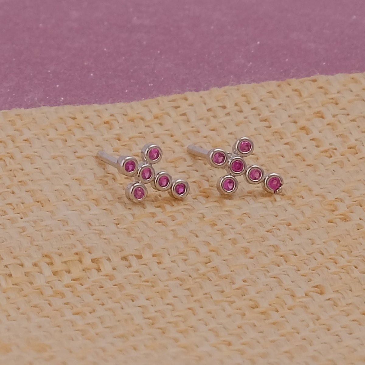 Pink Cubic Zircon Gemstone Stud Earrings Tiny Dotted Silver Plated Jewelry