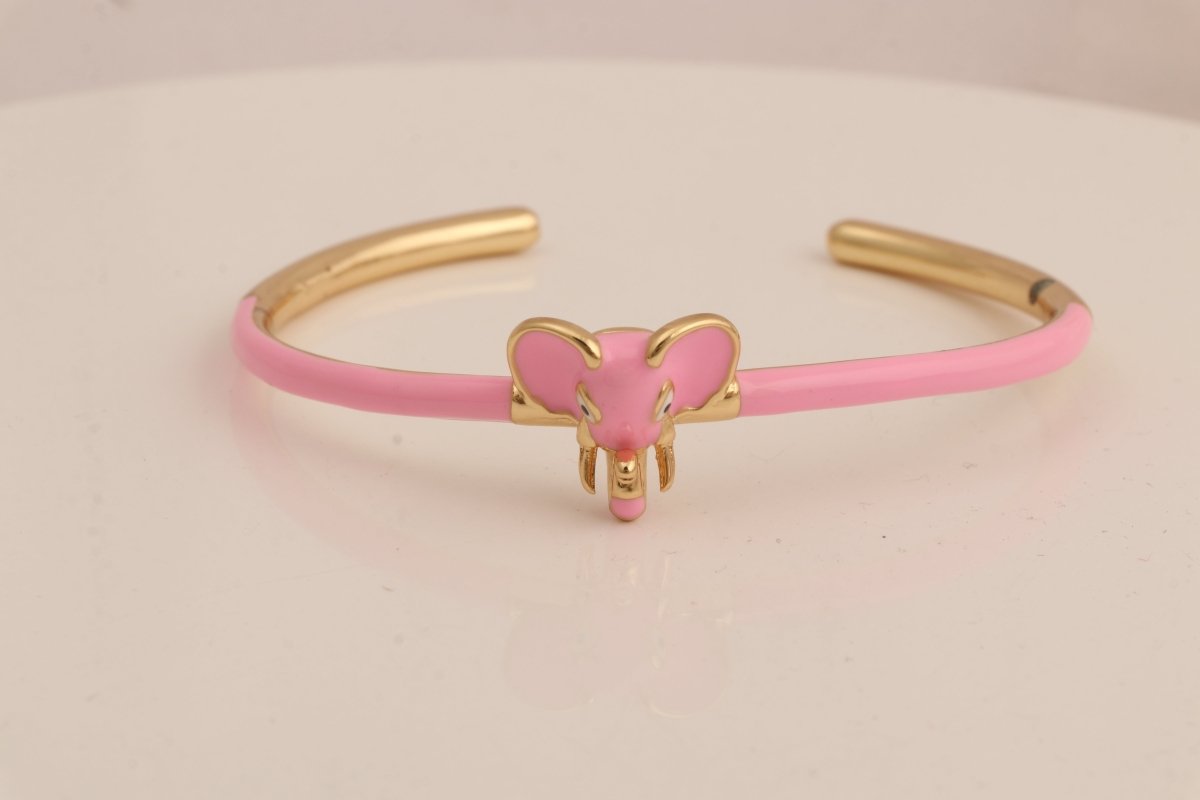 Pink Enamel Bangle Elephant Shape Bangles Handmade Adjustable Bangle Gold Plated Jewelry