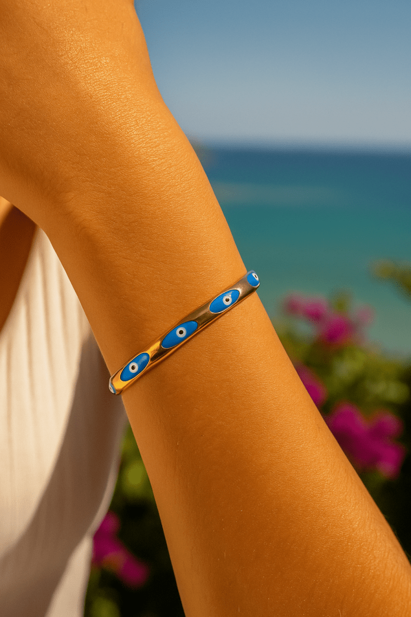 Pink Enamel Bracelet Open Cuff Bracelet Evil Eye Bangle