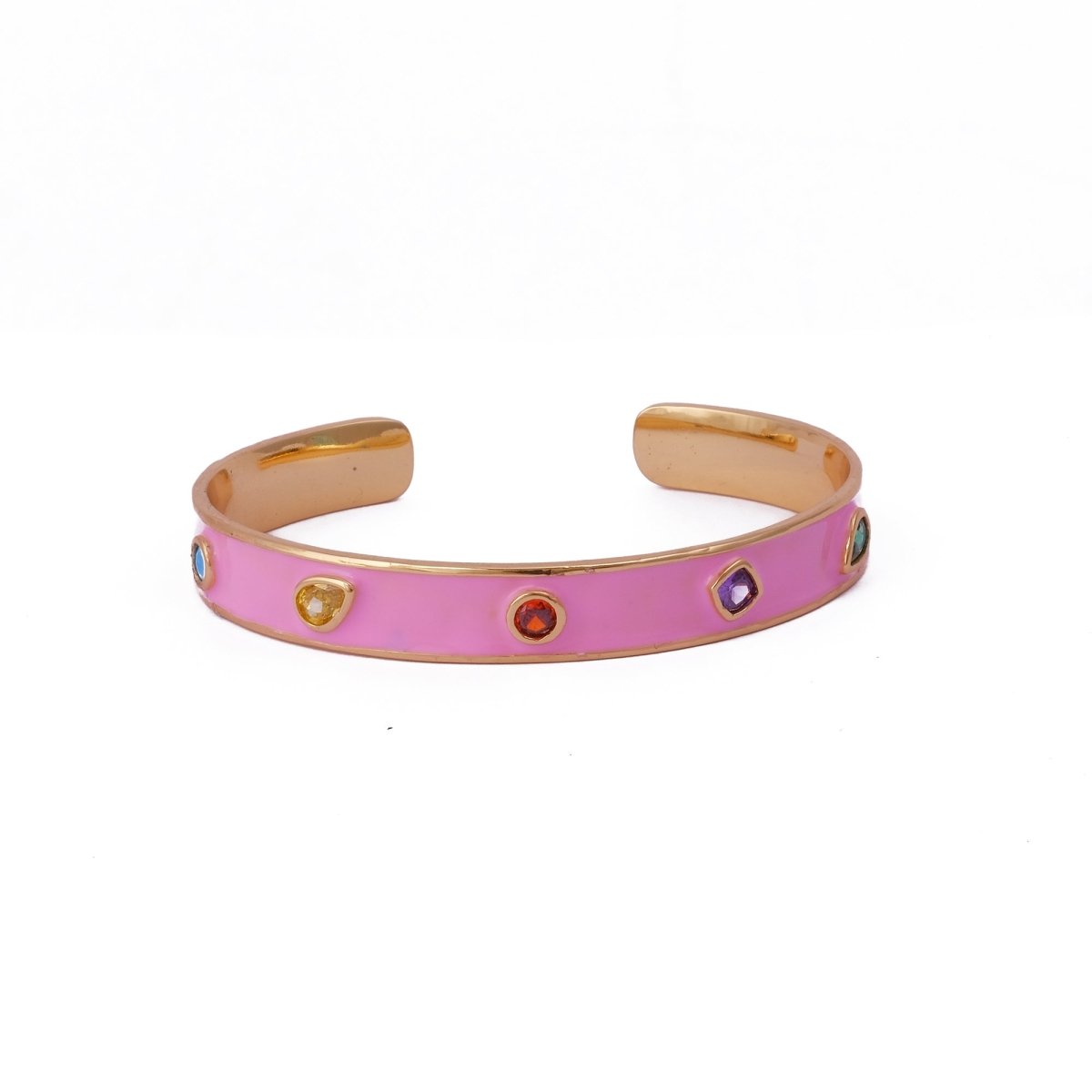 Pink Enamel Cuff Gold Plated Bangle Gemstone Bracelet