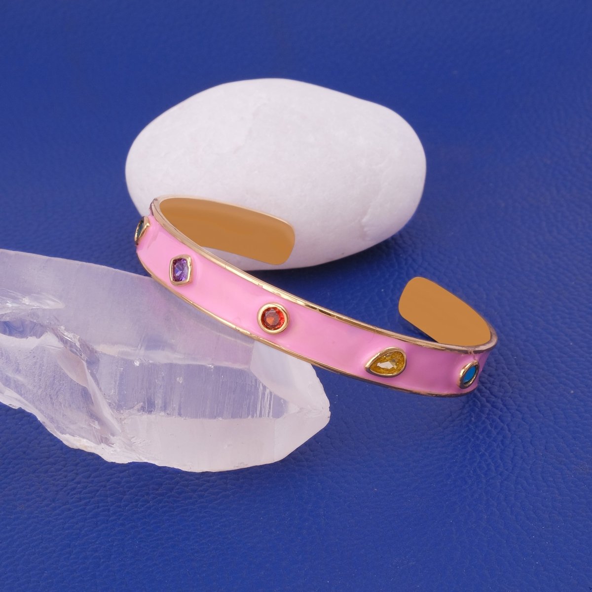 Pink Enamel Cuff Gold Plated Bangle Gemstone Bracelet