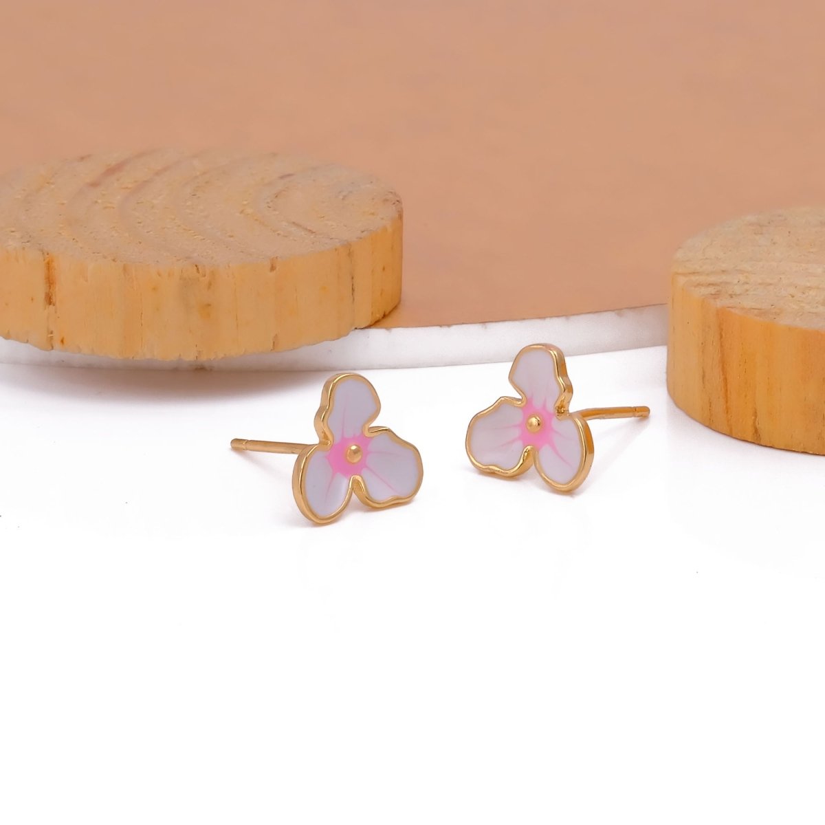 Pink Enamel Flower Stud Gold Plated Earrings For Womens