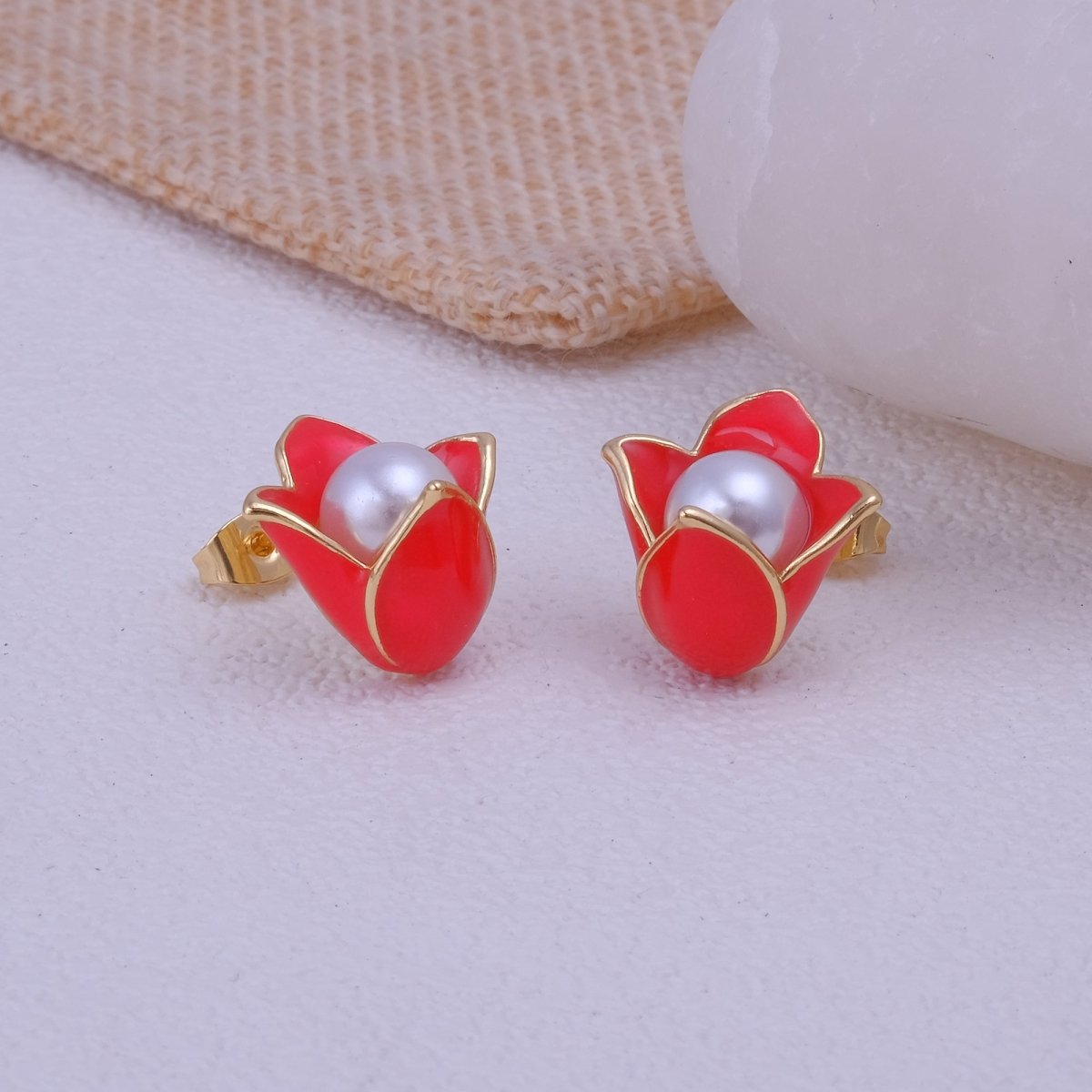 Pink Enamel Jewelry Gold Plated Tulip Stud Earrings