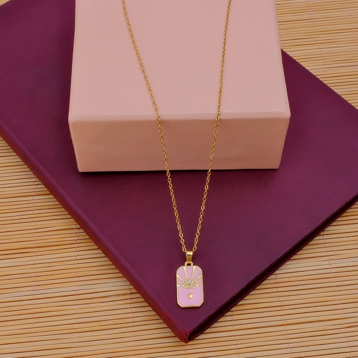 Pink Enamel with CZ Gemstone Charm Pendant Minimal Gold Plated Necklace For Her