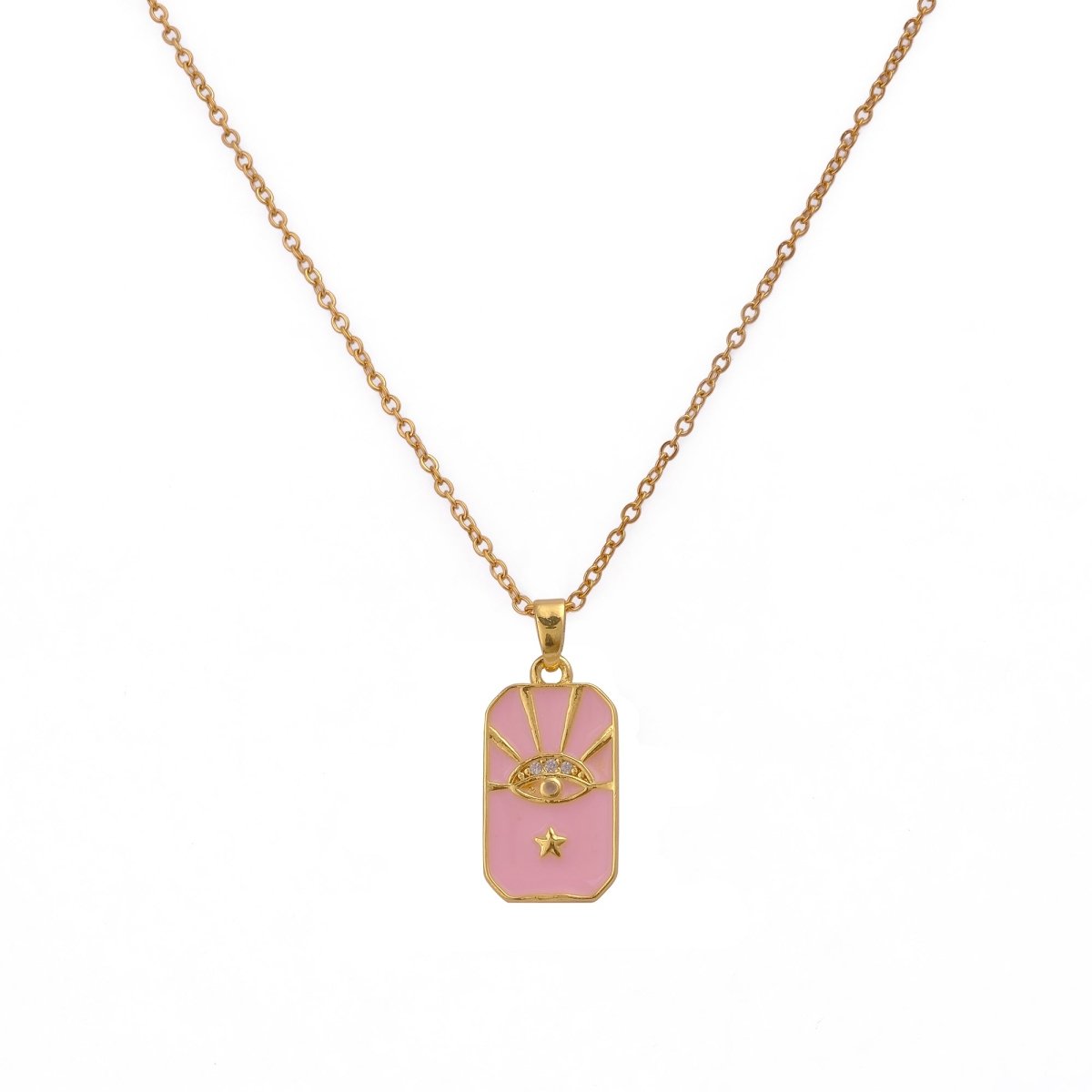 Pink Enamel with CZ Gemstone Charm Pendant Minimal Gold Plated Necklace For Her
