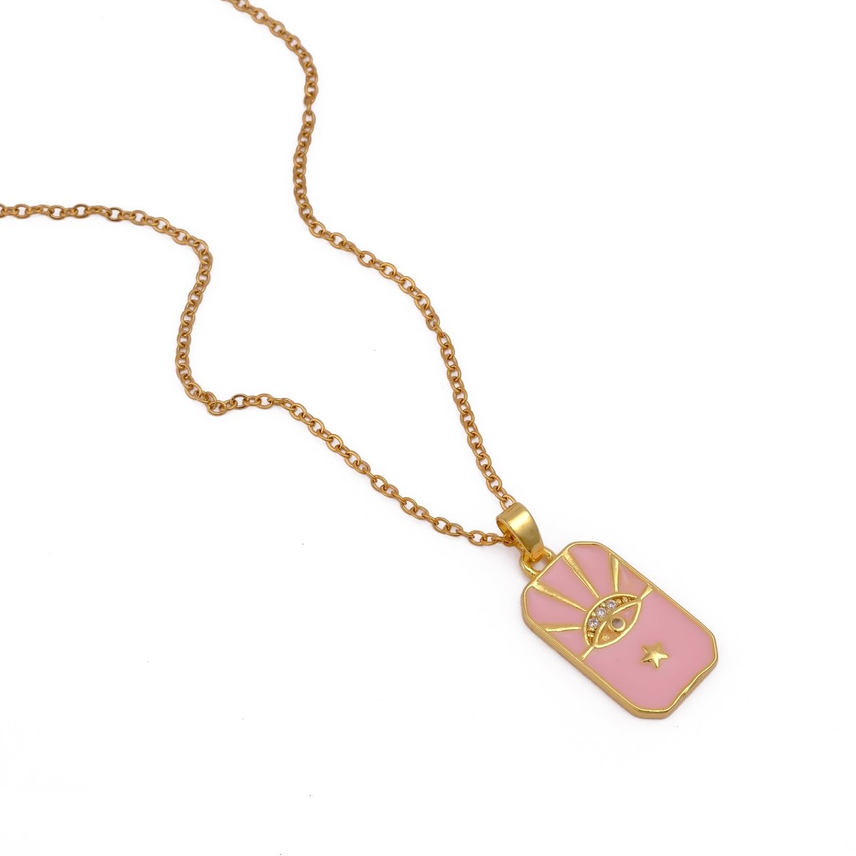 Pink Enamel with CZ Gemstone Charm Pendant Minimal Gold Plated Necklace For Her