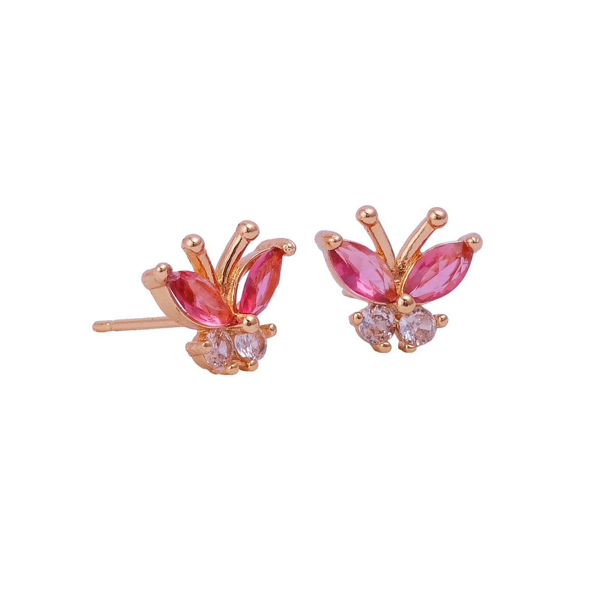 Pink Fuchsia and White Cubic Zircon Gemstone Stud Earrings Cute Butterfly Gold Earring