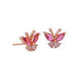 Pink Fuchsia and White Cubic Zircon Gemstone Stud Earrings Cute Butterfly Gold Earring