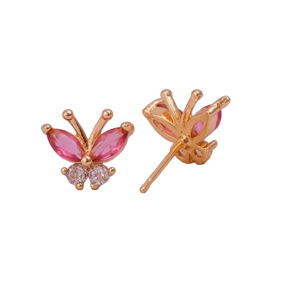 Pink Fuchsia and White Cubic Zircon Gemstone Stud Earrings Cute Butterfly Gold Earring