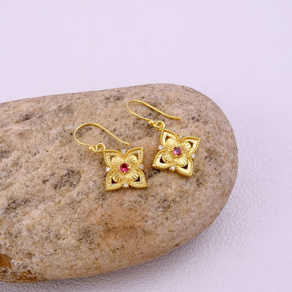 Pink Fuchsia Flower Earrings, Vintage Inspired Gold Drop Earrings Elegant Jewelry Gift 5383