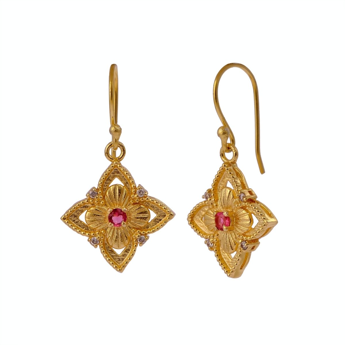 Pink Fuchsia Flower Earrings, Vintage Inspired Gold Drop Earrings Elegant Jewelry Gift 5383