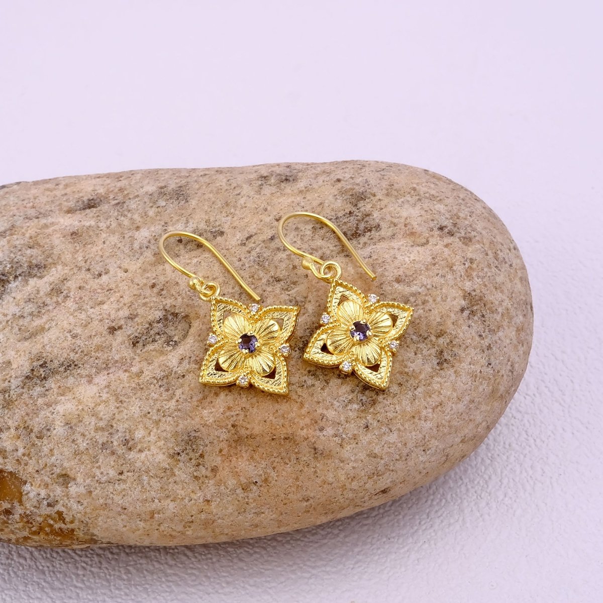 Pink Fuchsia Flower Earrings, Vintage Inspired Gold Drop Earrings Elegant Jewelry Gift 5383